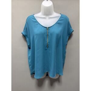 Bold Elements Cut To Curve Women’s Blue Shiffon Short Sleeve Shirt Gold Zip L